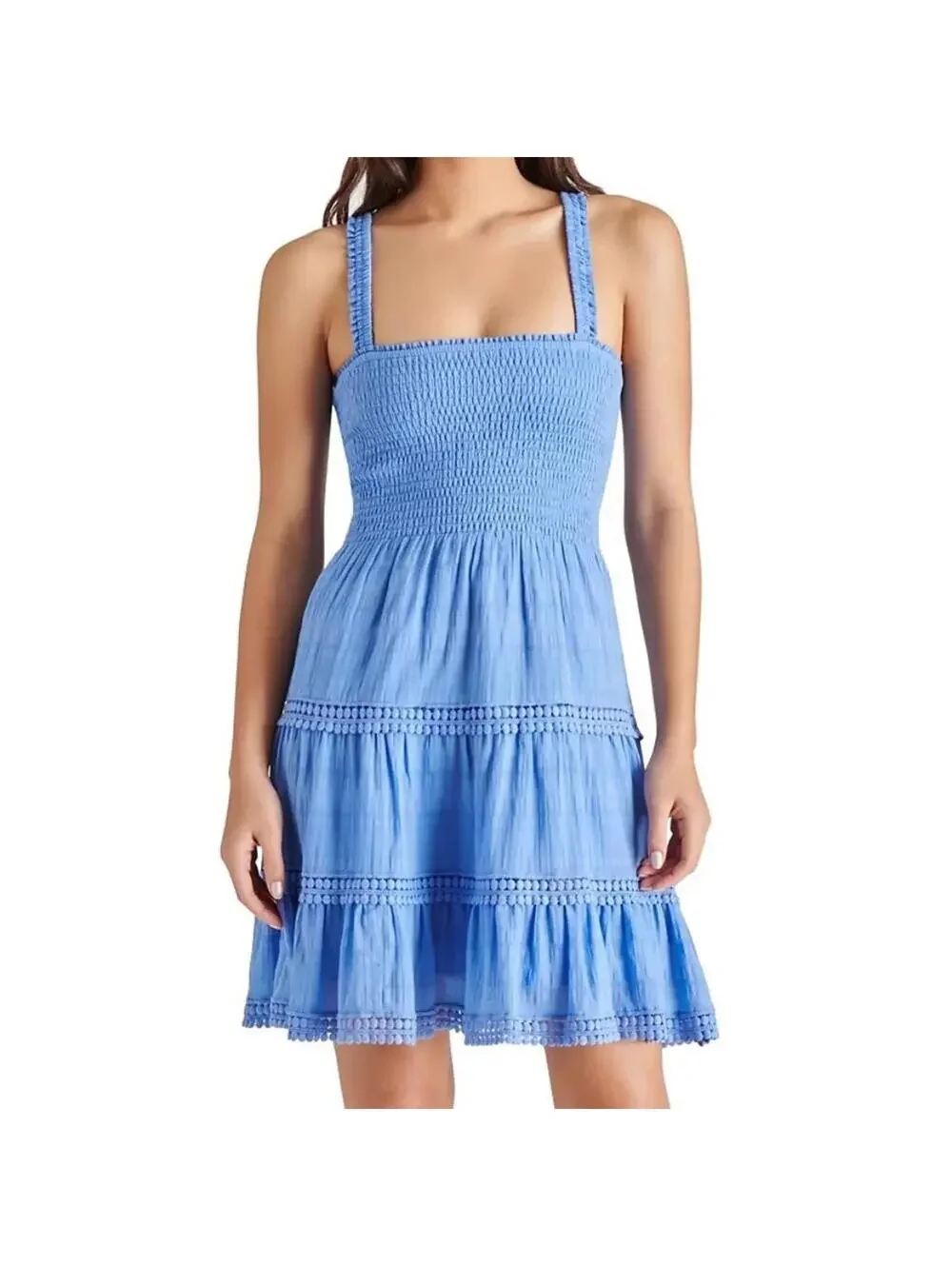 Steve Madden Kahina Smocked Tiered Cotton Sundress NWT Azure Blue Large